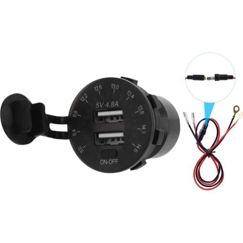 Waterproof 12V 2.4A Dual USB Car Charger with LED Voltmeter Power Cable ON/OFF Switch for Car SUV Boat Motorcycle Cellphone GPS
