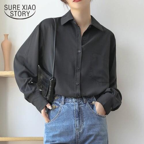 Spring Fashion New Button Up Satin Silk Shirt Y2k Vintage Blouse Women White Lady Long Sleeves Female Loose Street Shirts 13153