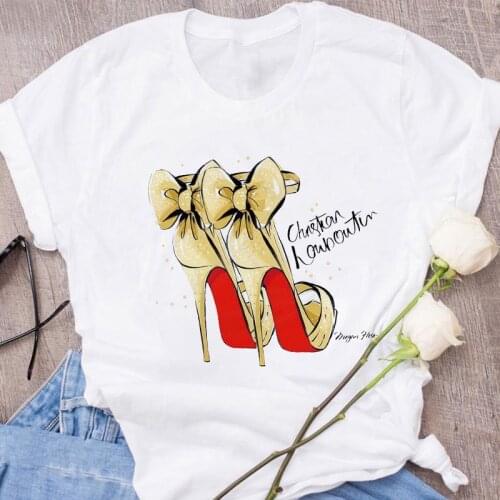 2021 Summer New T Shirt Women High heels Print Short Sleeve Casual Loose White T-Shirt For Girls Students Lady o-neck Tops Tees