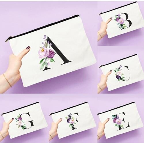Purple Flower A B Letter Print Women Zipper Cosmetic Bags Aesthetic Floral Makeup Storage Organizer Travel Toiletry Pencil Pouch