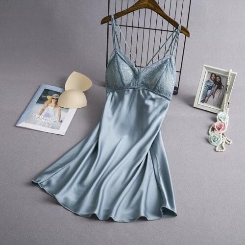 SeeBest Imitated Silk Nightdress Womens Sexy Slip with Chest Pad Lace Sexy Home Wear Four Colors Selectable