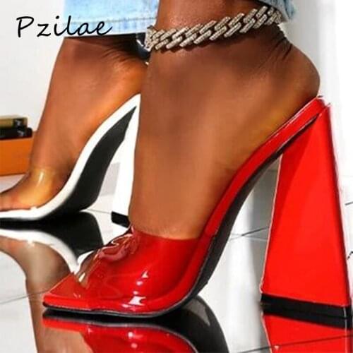 Pzilae New PVC Transparent High Heels Women Slippers 2021 Square Open Toe Solid Color Party Sandals Slides Ladies Shoes Size 42
