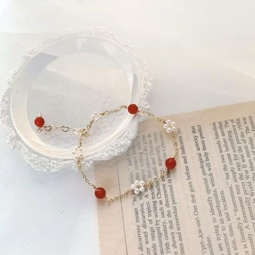 Natural Freshwater Pearl Bracelet Female Faceted Red Agate Beads 14K Gold Planted Chain Bracelet For Women Bridal Gift Handmade