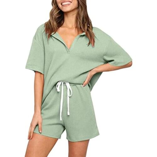 Summer womens Short Sleeve Casual Style Polyester 2021 New Home Solid Color Comfortable Loose Two-piece Set