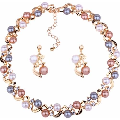 Imitation Pearls Bridal Jewelry Sets For Women Gold Color Rhinestone Necklace Earring Sets Wedding Jewelry