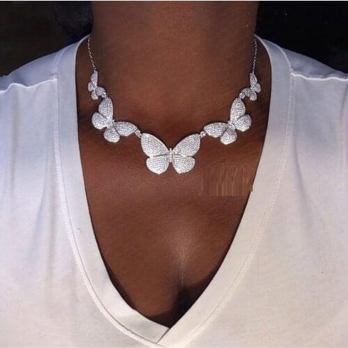 Big Small CZ Butterfly Charm Chunky Choker Necklace Iced Bling Cubic Zirconia Women Fashion Jewelry