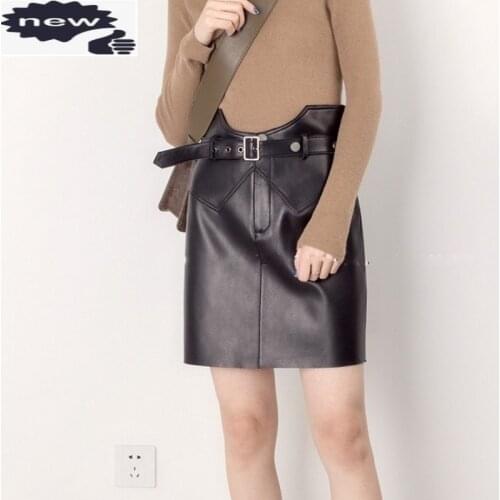 2021 Autumn Sweet Pink Sheepskin Genuine Leather Skirts Women Elegant Black Sashes High Waist Slim Fit A-Line Wrap Short Skirt