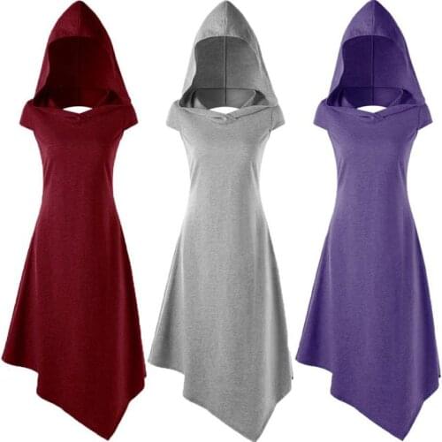 2019 Medieval Vintage Gothic Witch Elf Elven Costume Women Halloween Hooded High Low Back Cross Cut Open Handkerchief Mini Dress