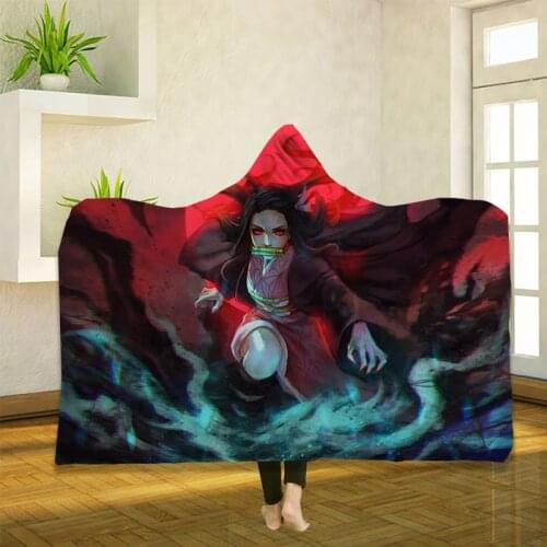 Anime Demon Slayer 3D Printing Throw Hooded Blanket Wearable Warm Fleece Bedding Office Quilts Soft Adults Travel 10