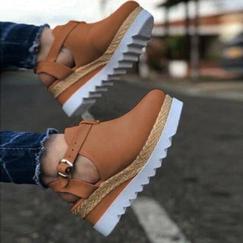 Women Sandals Vintage Wedge Shoes Ladies Buckle Strap Straw Thick Bottom Flats Platform Sandals Flock Female Shoes Summer