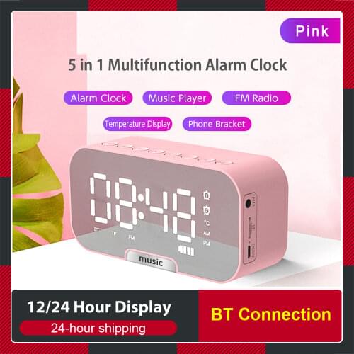 BT Music Alarm Clock LED Digital Clock 2 Alarms Snooze Electronic Watch Dimming Adjustable Phone Stand USB Rechargeable Clock