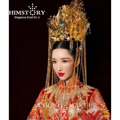 HIMSTORY Luxurious Chinese Traditional Phoenix Coronet Long Tassel Hairwear Cheongsam Bridal Headdress Wedding Hair Accessory
