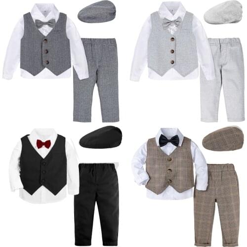 Baby Boy Gentleman Suit Toddler Wedding Party Formal Outfit Kids Clothing Set Shirt Pants Bow Tie Hat Waistcoat Long Sleeve