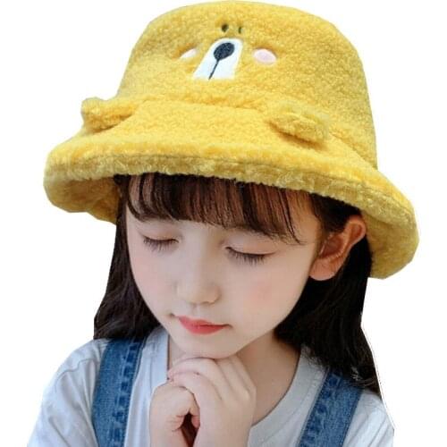 New 2020 Autumn Winter Plush Childrens Fisherman Hat Cute Baby Cartoon Bear Embroidery Daisy Bucket Hat Boys Girls Warm Caps