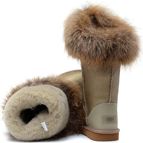 Winter New High-tube Womens Sheepskin Fur Shoes One Fox Fur Flat-heel Non-slip Warm Snow Boots