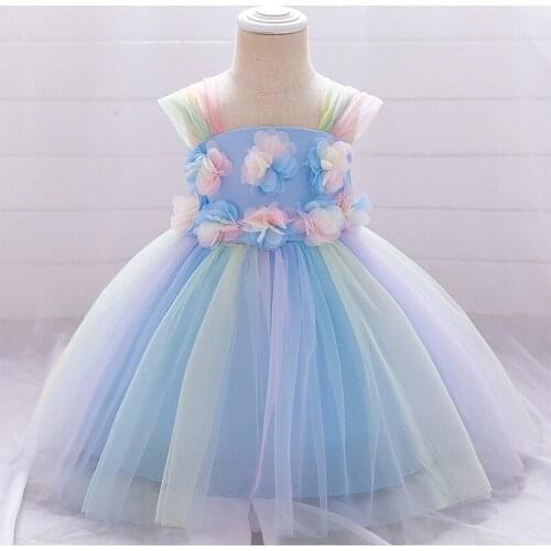 Baby Girl Birthday Dress Childrens Rainbow Mesh Girls Wedding Dress Baby Girl Baptism Flower Dress