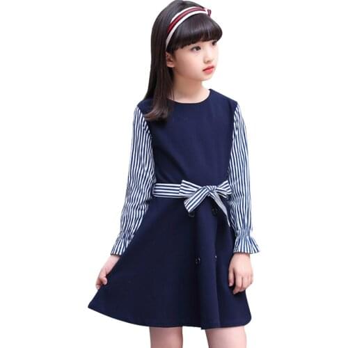 Teenage Girls Dress Striped Pattern Kids Party Dresses For Girls Casual Dress Kids Patchwork Girls Clothes 6 8 10 12 14