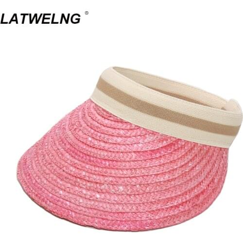 Wholesale Colorful Natural Straw Visor Hats For Women UV Beach Hat Ladies Empty Top Sun caps Elastic Headband Sport Cooling Cap