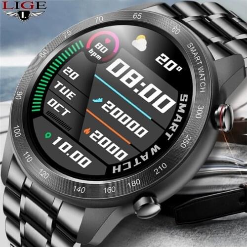 LIGE New Men Smart Watch Heart Rate Blood Pressure IP68 Waterproof Sports Fitness Watch Luxury Smart Watch Male For IOS Android