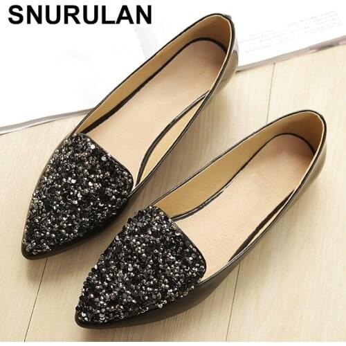 SNURULAN Womens casual shoes; 2019 collection womens leather shoes with a flat sole with a pointed toe and sequins
