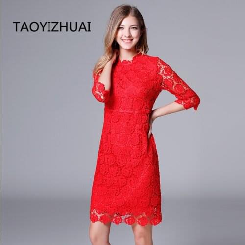 TAOYIZHAUI 2020 spring new arrival chinese style lace female dress half sleeves o neck slim elegant party fashion plus size