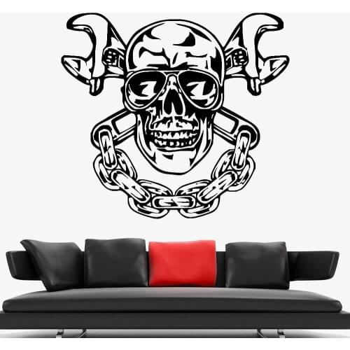 Biker Wall Stickers Garage Decoration Car Repair Service Scull Bike Vinyl Wall Decals Home Decor Living Room Teen Room Z129
