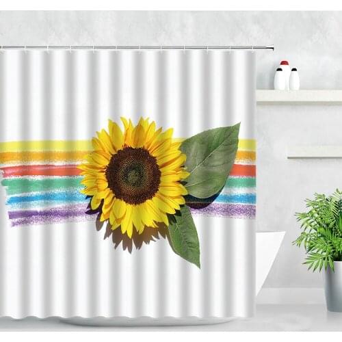 Plant Floral Shower Curtains Yellow Sunflower Flowers Green Leaf Color Line Creative Bathroom Decor Waterproof Bath Curtain Sets