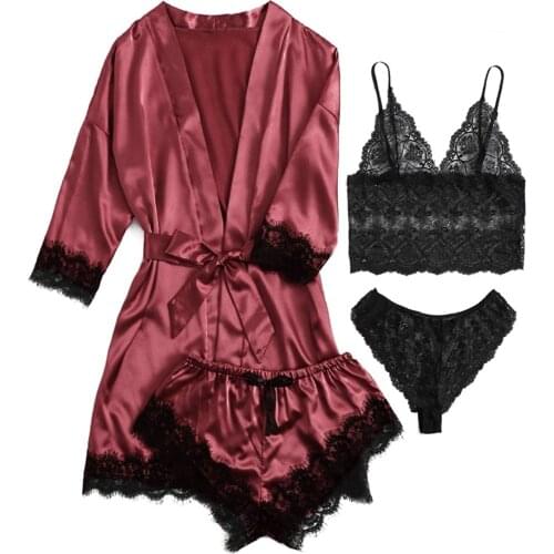 Womens Sleepwear 4pcs Floral Lace Trim Satin Cami Pajama Set with Robe