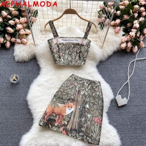ALPHALMODA 2021 Summer New Pattern Crop Tank Top + high waist Cartoon Printed A-line Skirt Women Chic 2pcs Suit