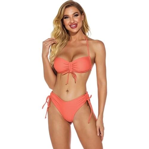 Women Halter Lace-Up Drawstring Frills Solid Color Split Swimsuit Feminine Orange