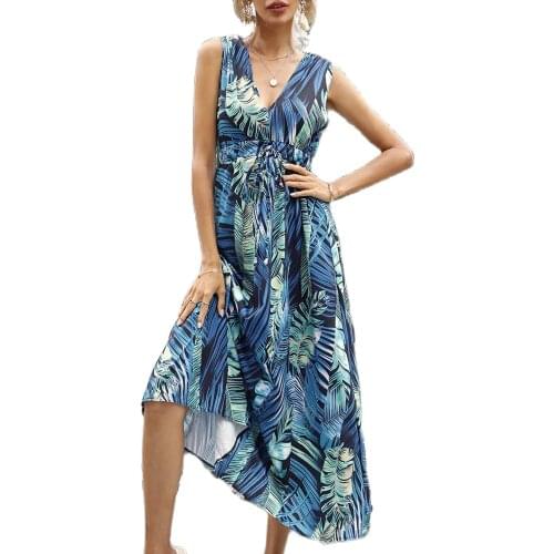 2021 Fashion Hot-Selling Good Quality Womens Summer New Popular Casual Printed Sexy V-Neck Sleeveless Dress