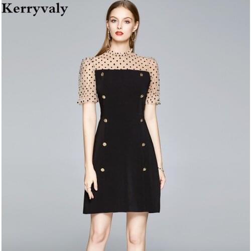 Summer Pencil Black Bodycon Dress Women Stitching Polka Dot Mesh Double Breasted Waist Hugging Lining Retro Dress K9217