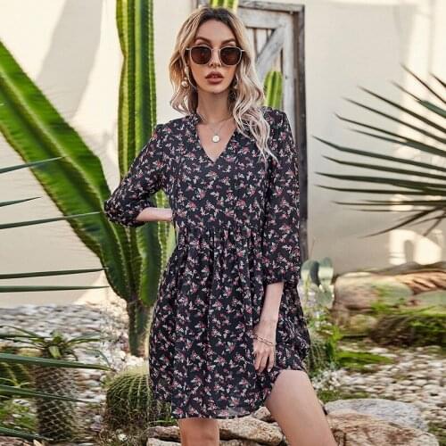 New 2021 Print Office Lady Short High Waist Dress Womens Summer V Neck A Line Half Sleeve High Waist Loose Chiffon Dresses