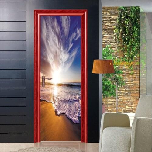 2Pcs/set Sea Waterfall In Sunrise Art Picture Wallpaper Mural Wall Stickers Door Sticker Decals Living Room Home Decoration