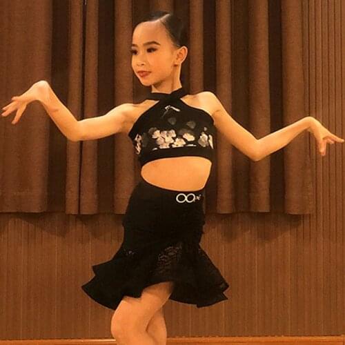 2021 Girls' Latin Dance Costumes Sleeveless Short Tops Black Lace Skirt Suit Latin Practice Dress Samba Dance Wear Child BL5624