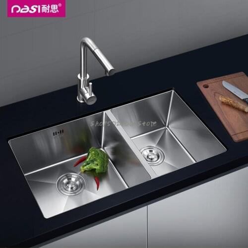 304 Stainless Steel Manual Sink Double Sink Kitchen Sink Thickened Under Counter Basin Kitchen Water Bucket Package