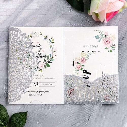 Rose Gold Sliver Glitter Laser Cut Wedding Invitation Cards for Wedding Bridal Shower Baby Shower Party Supplies 50pcs