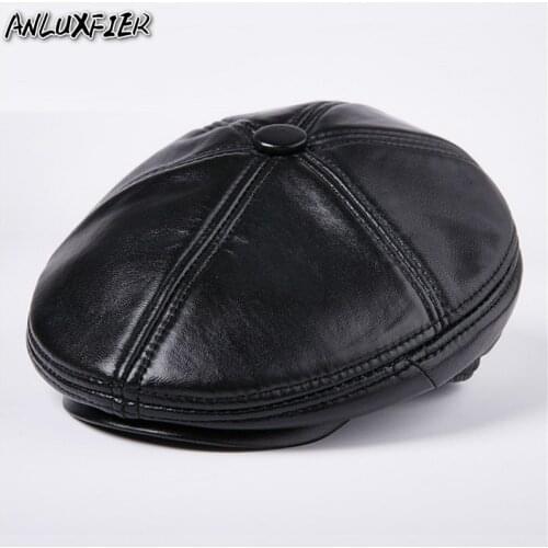 B-7208 New Fashion Leather Hat Mens Winter Sheep Leather Hat Beret and Outdoor Mens Cashmere Thickening Warm Cap 5 Panel Hats