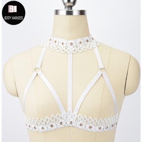 BODY HARNESS White Flower Lace Body Bondage Lingerie Crop Top Harness Bra Women Gothic Necklace Fetish Cage Bra Bondage Harness