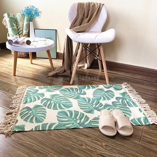 Bohemian Hand Woven Cotton Linen Carpet Tassel Bedside Rug Geometric Floor Mat Print Area Rug for Living Room Home Decor