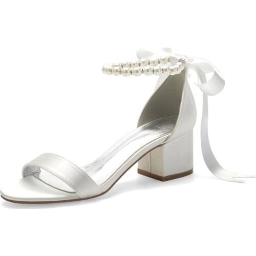 Mid Heels Satin Pearls Wedding Sandals Open Toe Ribbon Tie Block Heel Prom Evening Formal Party Dress Sandals Shoes