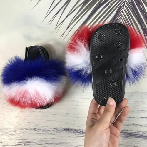 Kids Fur Slippers With Straps Fluffy Raccoon Fur Slides Furry Real Fox Fur Flip Flops Open-toe Sandals