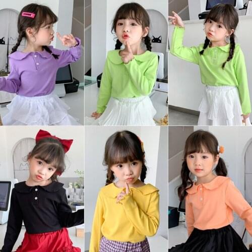 Toddler Girls T shirt Long Sleeve Cotton Peter pan Collar T-shirt Kids Tops Candy Color Girls Basic Shirt BC596