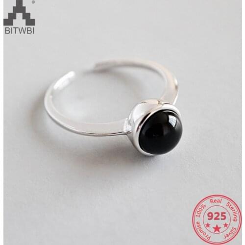 2018 New Listing S925 Sterling Silver Fashion Personality Retro Simple Open Round Black Agate Ring
