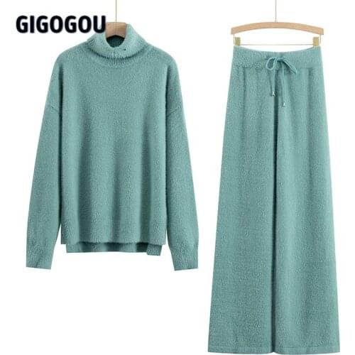 GIGOGOU Luxury Cashmere Minsk Women Wide Leg Pant Suits Thick Warm Women Turtleneck Sweater Tracksuits 2/Two Piece Sets Clothing