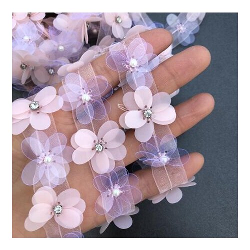 5Yards Pearl Rhinestone Pink Beaded Lace Trim Organza Lace Fabric Paillette Sequin Chemical Lace Wedding Dress Dentelle Applique