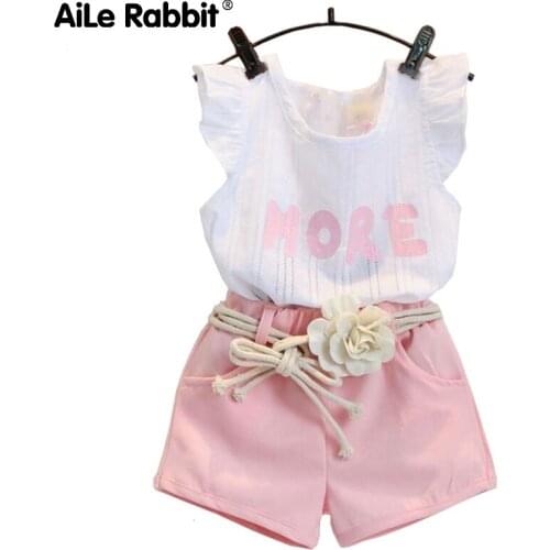 Summer Girls Fashion Set Letter MORE Flying Sleeve Top Shorts Belt 3 Piece Set Girl Clothes Set Cotton Apparel