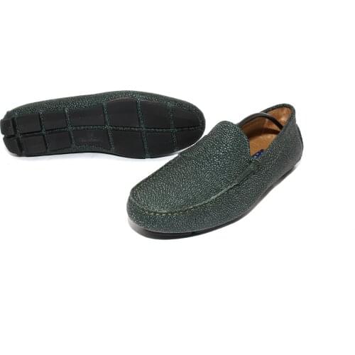 Handmade Green Moccasins with Stingray Skin Patterned Calf Leather, Non Slip Comfort Casual Shoes for Men