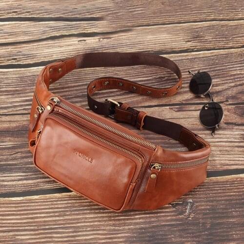 Retro Cow Leather Men Waist Bag Casual Small Fanny Pack Male Waist Pack For Cell Phone And Credit Cards Travel Chest Bag Wallets