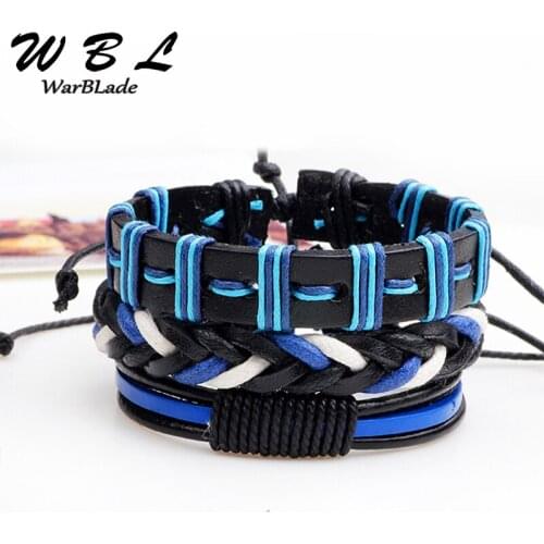 WarBLade Blue Leather Braided Bracelet Men Vintage Charm 3pcs/Set Beads Bracelets Bangle Punk Wrap Wristband For Male Jewelry